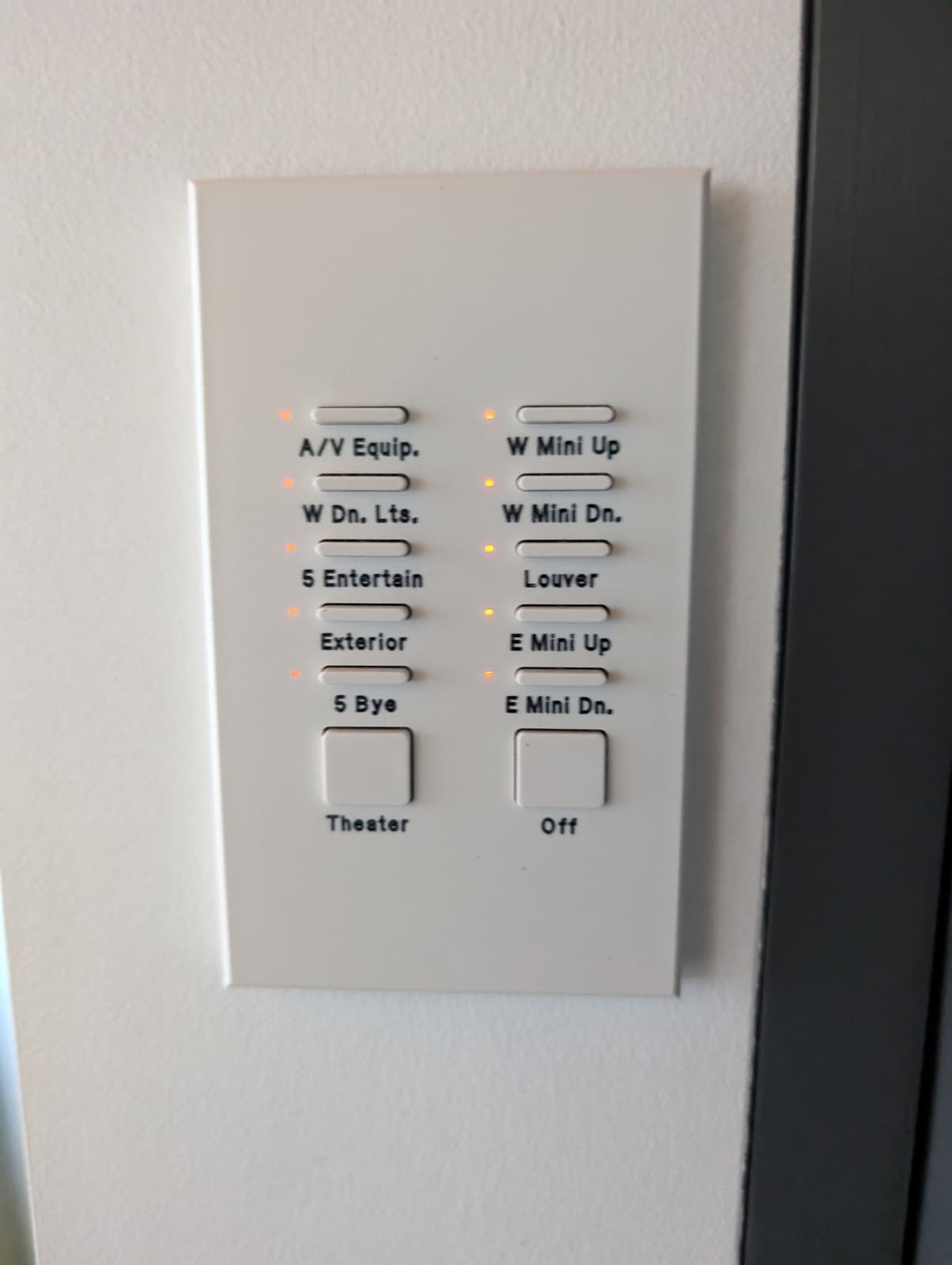A white Illumination-era Lutron keypad with oval buttons and engraved labels